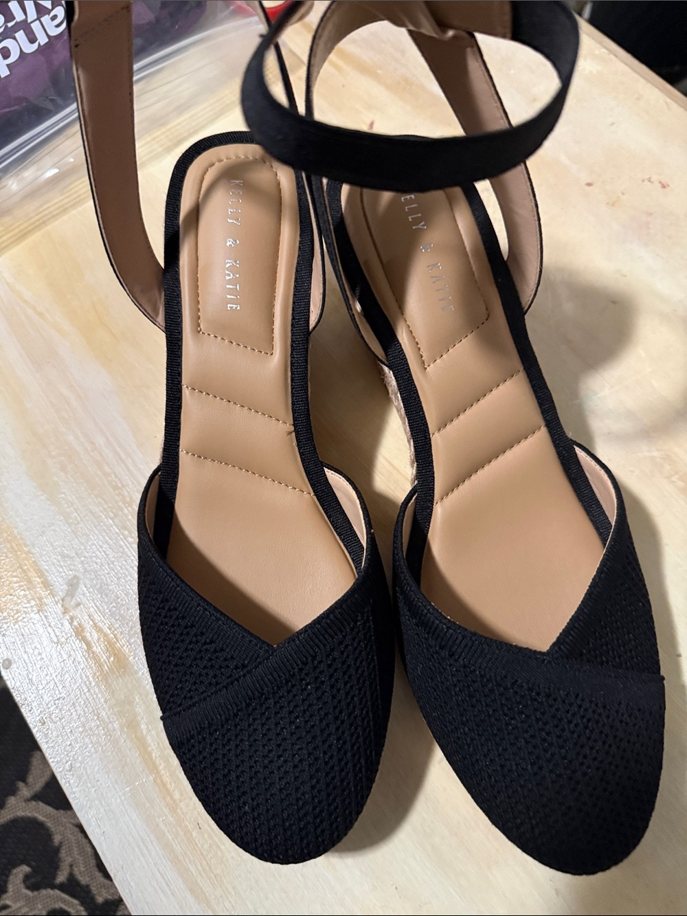 Kelly & Katie Black Pointed Knit Ankle-Strap wedge